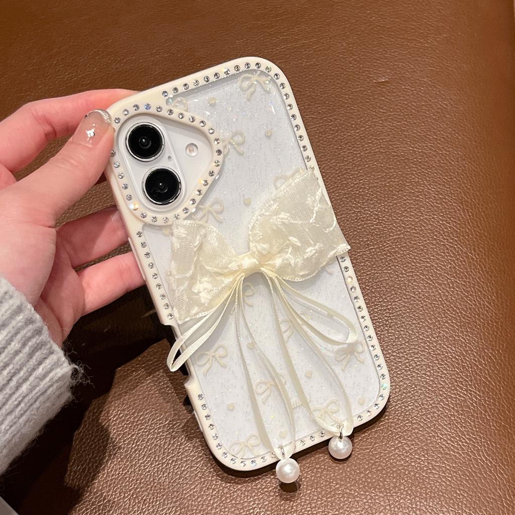 For iPhone 16 Case Two Bow Epoxy Design TPU+PC Phone Back Cover Rhinestone Decor