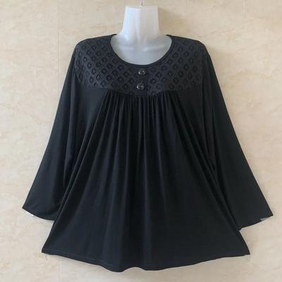 T-shirt da Donna Primavera Taglie Forti Tinta Unita Larga Blusa Pizzo Manica Lunga Girocollo per Mezza Età e Anziani