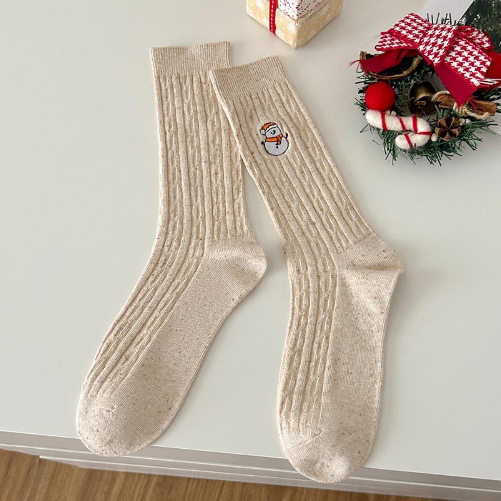 Chaussettes Mi-mollet Broderie Bonhomme de Neige Coton Chaussettes d'Hiver Nouvelles Chaussettes Tricotées