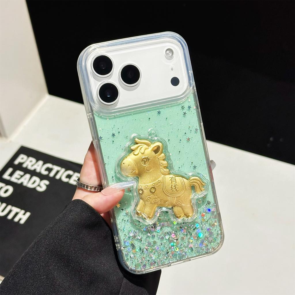 For iPhone 17 Pro Case Sparkling Glitter PC Phone Cover with Golden Horse Ornament