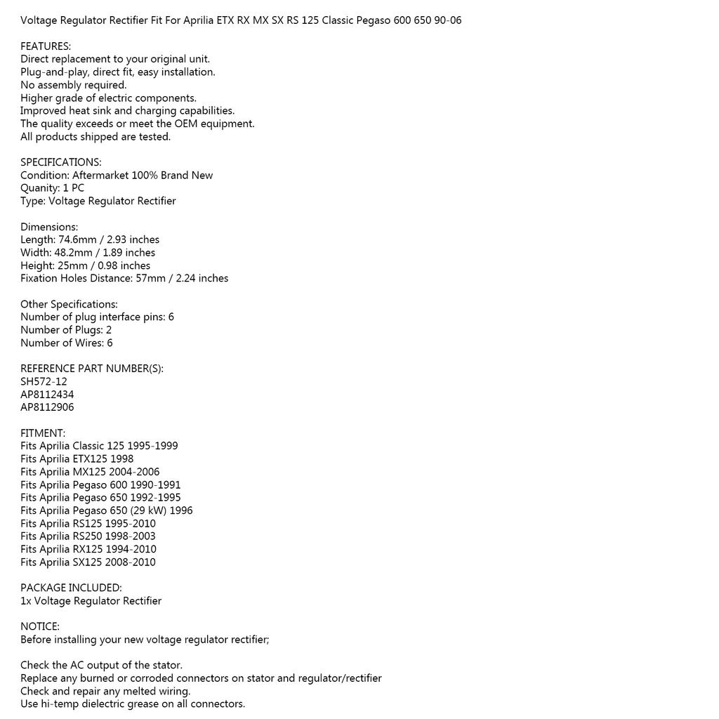 Gleichrichterregler für Aprilia RS125 250 RX SX MX ETX 125 AP8112434 AP8112906