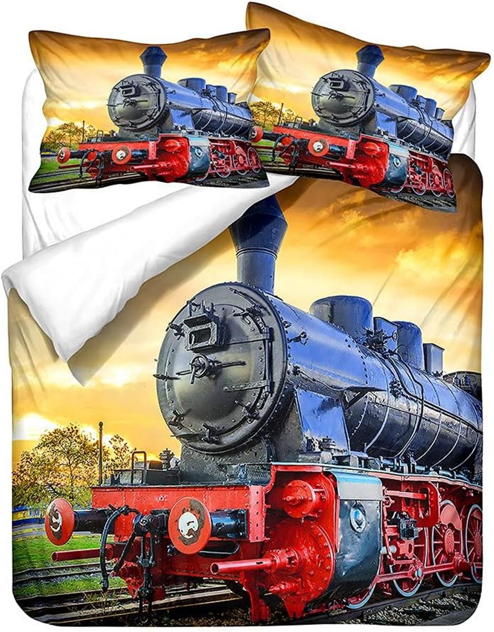 

3D Train Digital Printing Duvet Cover Set, Retro Steam Train Theme Bedding Set Microfiber Duvet Set Train Track Pillowcases 135x200cm