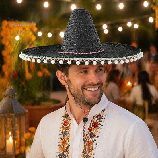 Zonnehoed Mexicaanse Sombrero met Kleurrijke Pompons, Hawaiiaanse Stijl Geweven Strohoed, Brede Rand Lichtgewicht Alle Seizoenen Feestkostuum voor de Zomer
