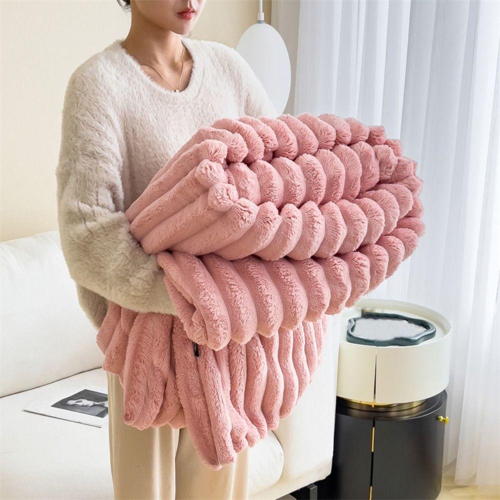 Solid Color Throw Blanket Cotton Conditioning Quilt New Plush Striped Blankets  Home Office