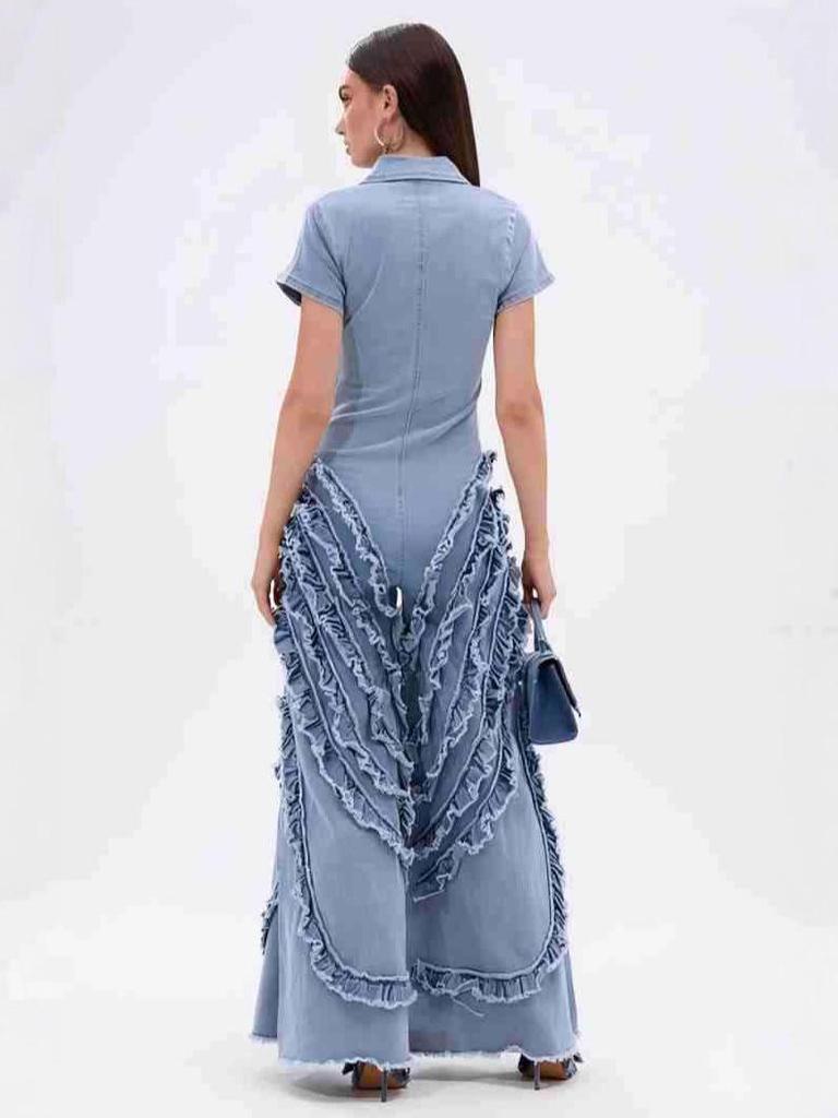 2025 European & American Women's Denim Jumpsuit: Short Sleeve, Lace-Up, Wide-Leg Jeans