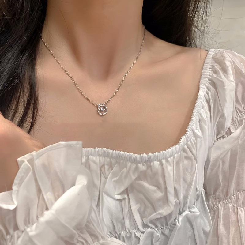 Fashion Charm Sterling Silver Double Ring Crossed Zircon Pendant Necklace for Woman Collarbone Chain Jewelry Accessory Gifts
