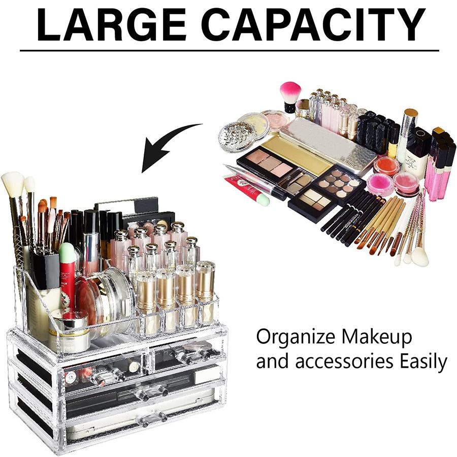 2 Pack Clear Make Up Organizer Countertop,Stackable 4 Drawers Makeup Storage,Vanity Organizers for Dresser Hair Clip,Jewelry