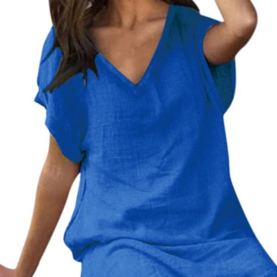 V-neck Straight Loose Mini Dress Solid Color Short Sleeve Lady Dress Streetwear