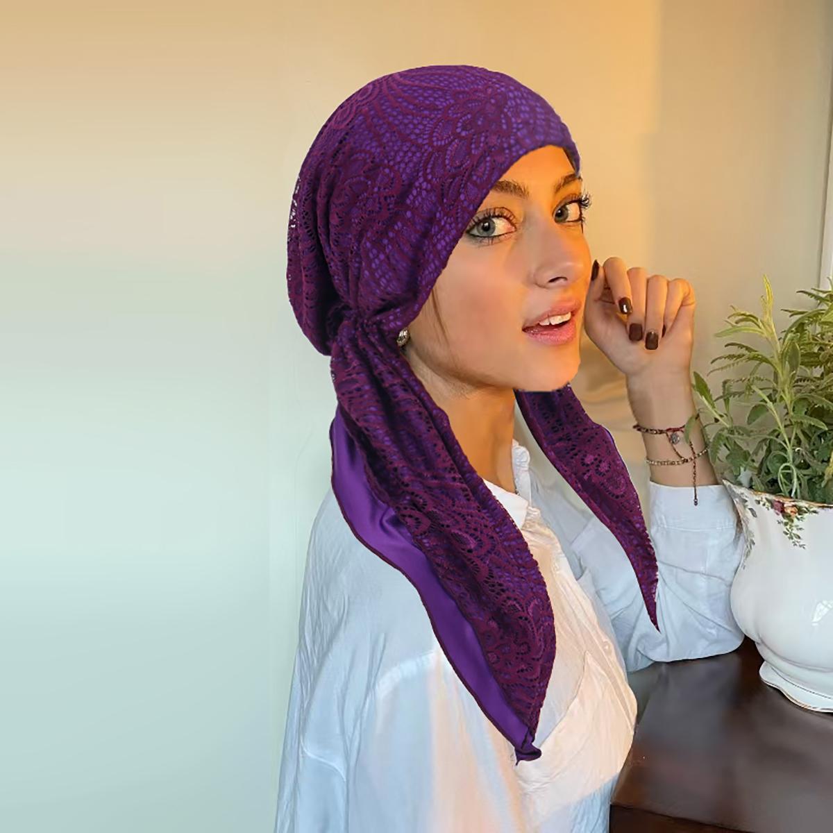 

Double-Layer Lace Women Hijab Pleated Head Wrap Breathable Hair Cap Turban Bonnet Hat