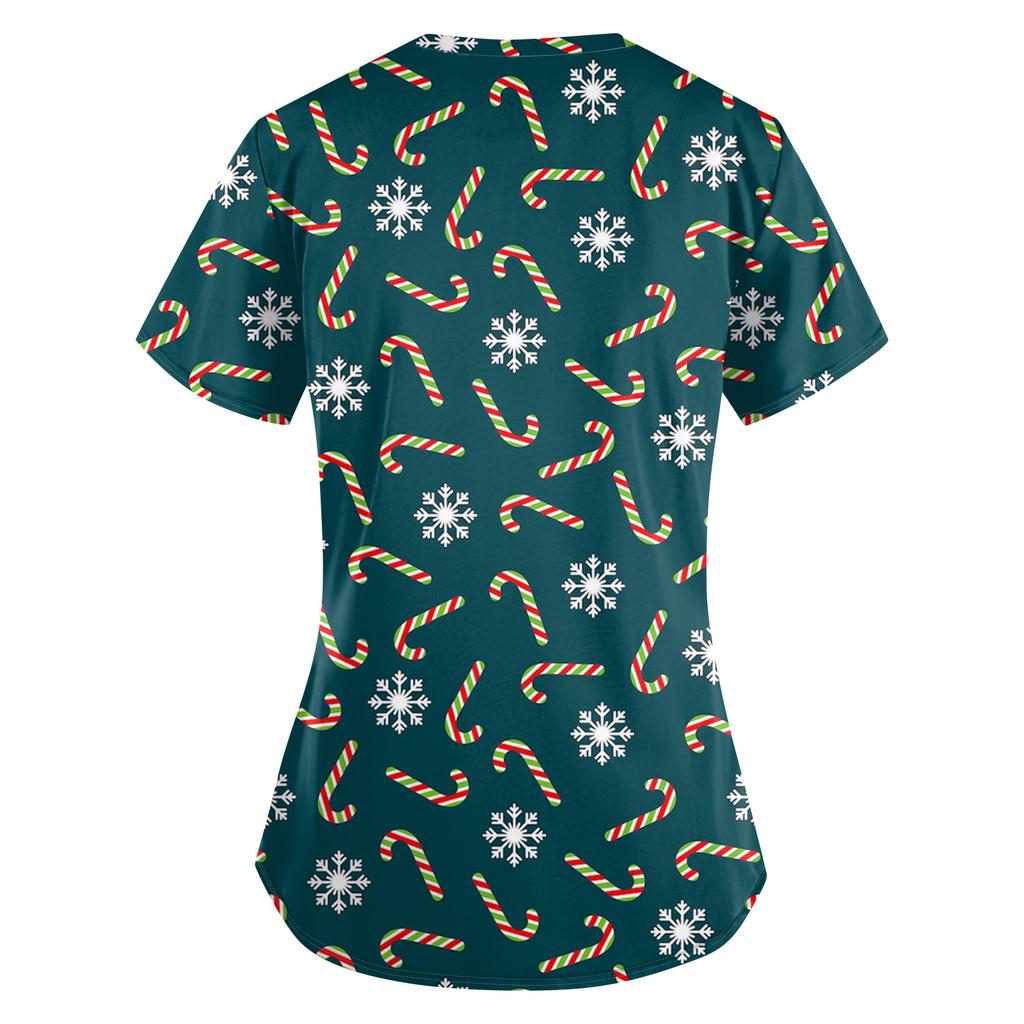 ÜbergrößeBedruckte Kasack Arbeitsuniform Oberteile für Damen V-Ausschnitt mit Überkreuzung Print Kurzarm Lustige T-Shirts Arbeitskleidung T-Shirt mit Taschen