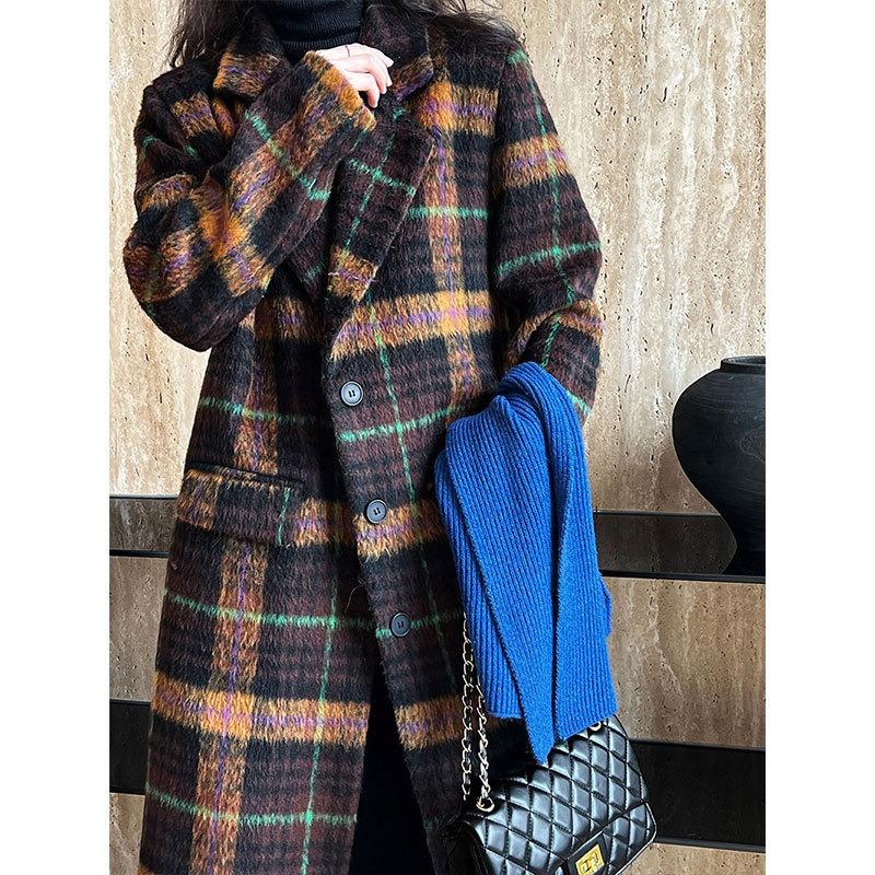 

Женское шерстяное пальто в клетку Design Sense в корейском стиле Lazy High Sense средней длины onesize коричневый