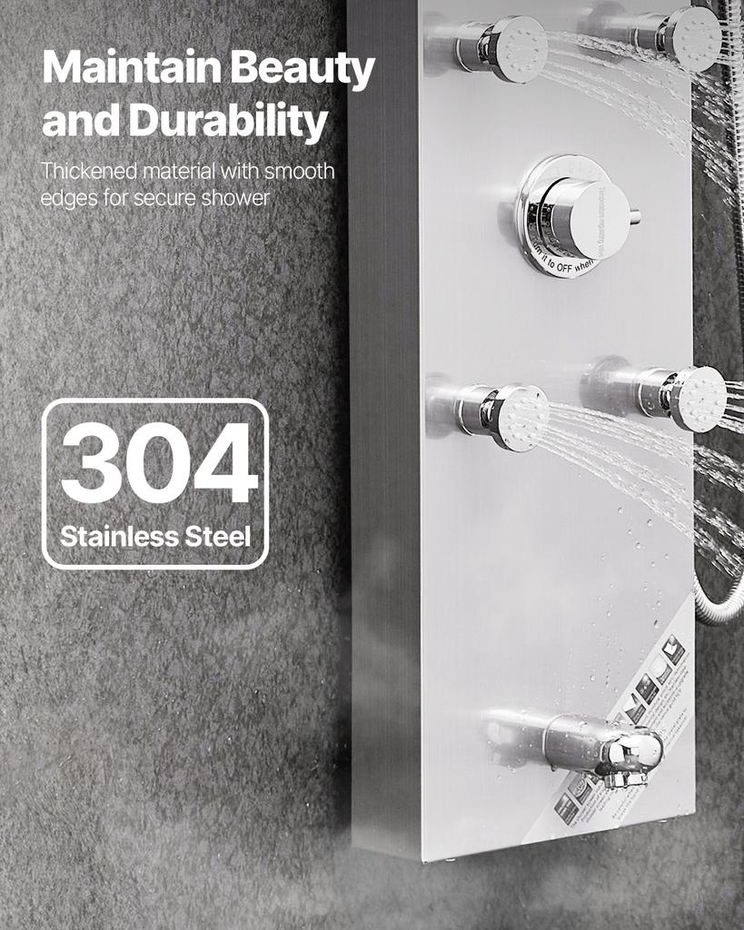 VEVOR Shower Panel Tower System with Rainfall Shower Head, LED, 49 in Brushed Stainless Steel Shower Column, 4-Function Faucet