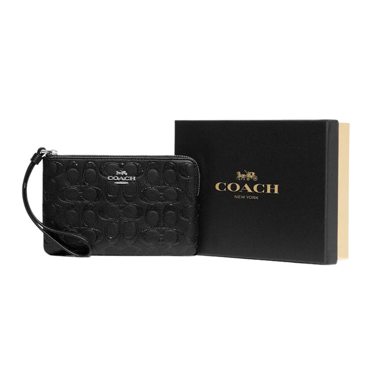 Coach Boxed 16 Monogram Embossed Leather Coin Purse Clutch Small Women clutch Black 80214-SVBK Basic Set (Bag+Dust Bag)
