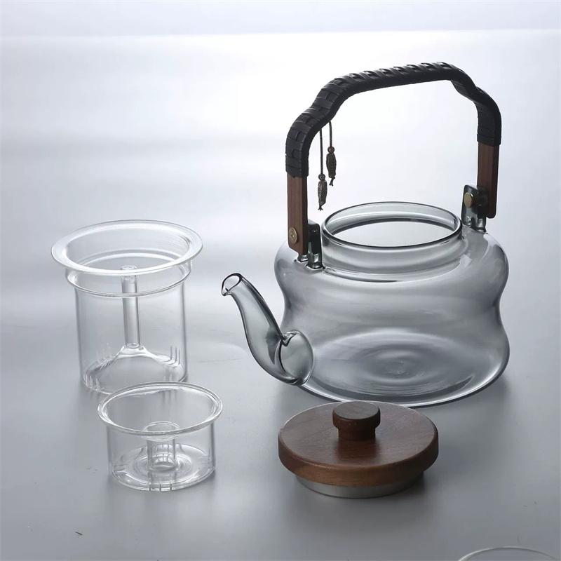 850ml Glas-Teekanne mit Holzgriff und Siebeinsatz, Haushalts-Hitzebeständige Teekanne zum Aufbrühen von Tee und Kaffee, Kungfu-Teegeschirr