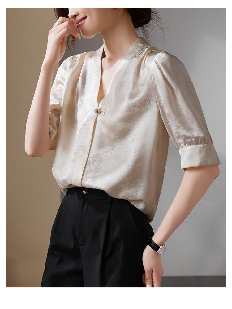 National Style New Chinese Jacquard Button Down Mulberry Silk Shirt for Women's 2026 Summer Temperament Versatile V-neck Small Shirt Top