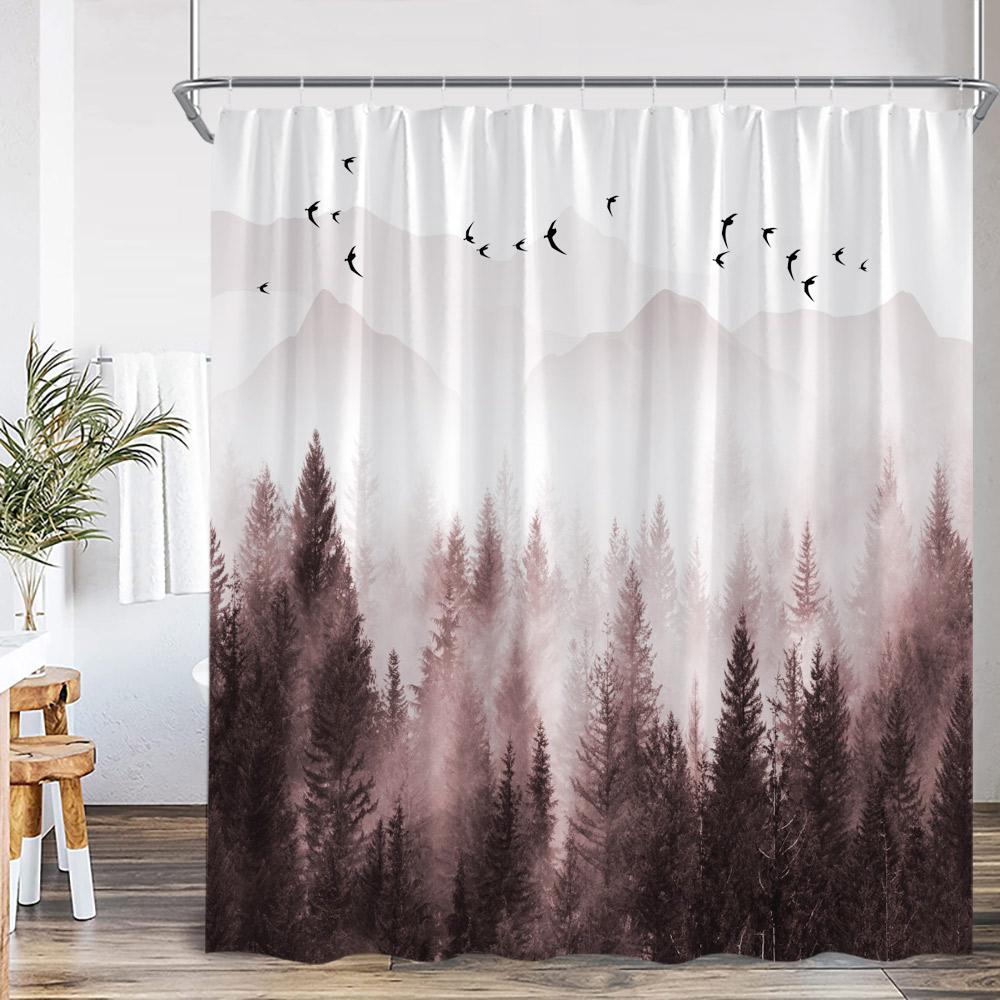 Misty Forest Shower Curtain Foggy Woodland Cloud Pine Tree Nature Nordic Bathroom Decor Modern Minimalist Bath Curtain with Hook