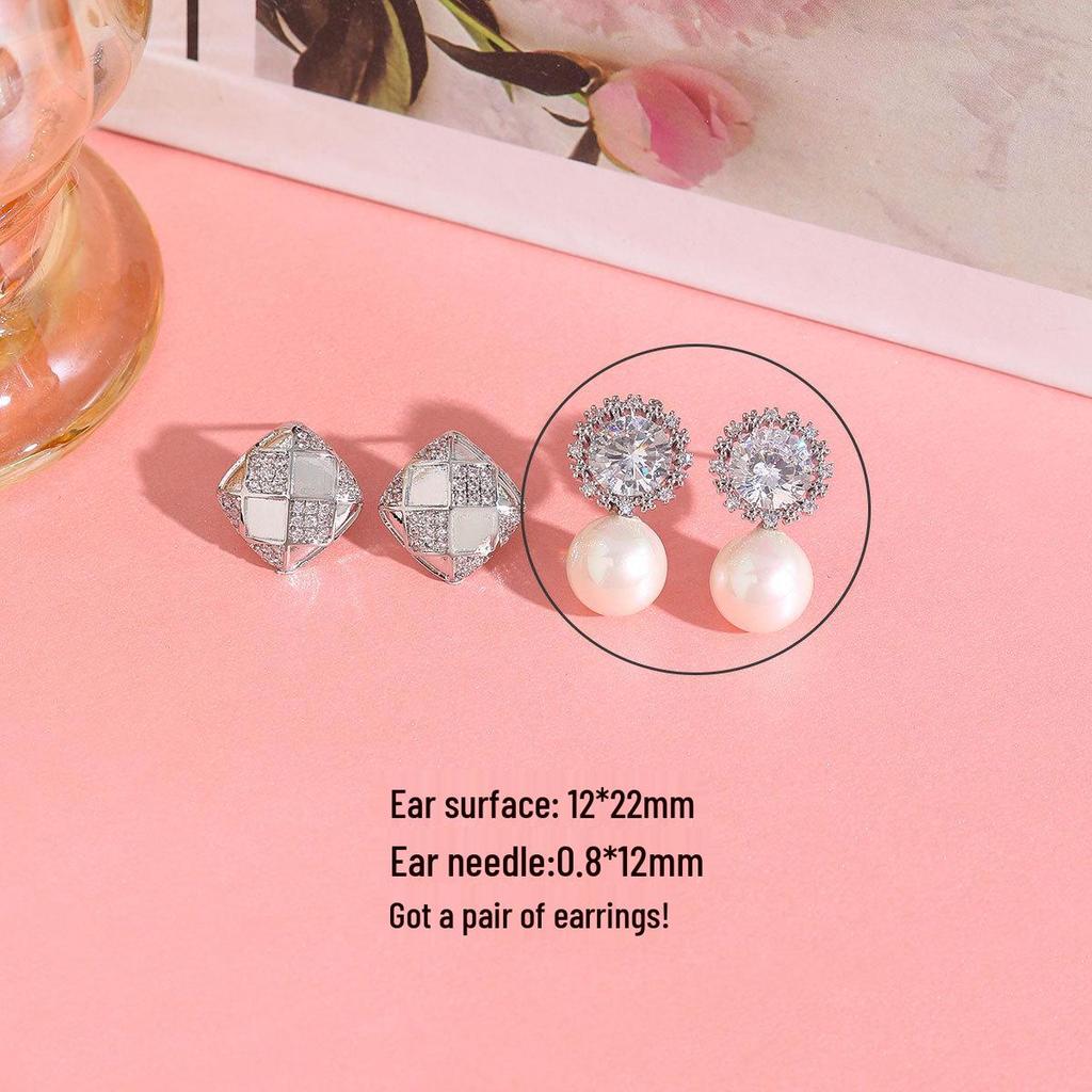 Gold-Plated Diamond Pearl Checkered Snowflake Earrings - French Luxury Design for Women
