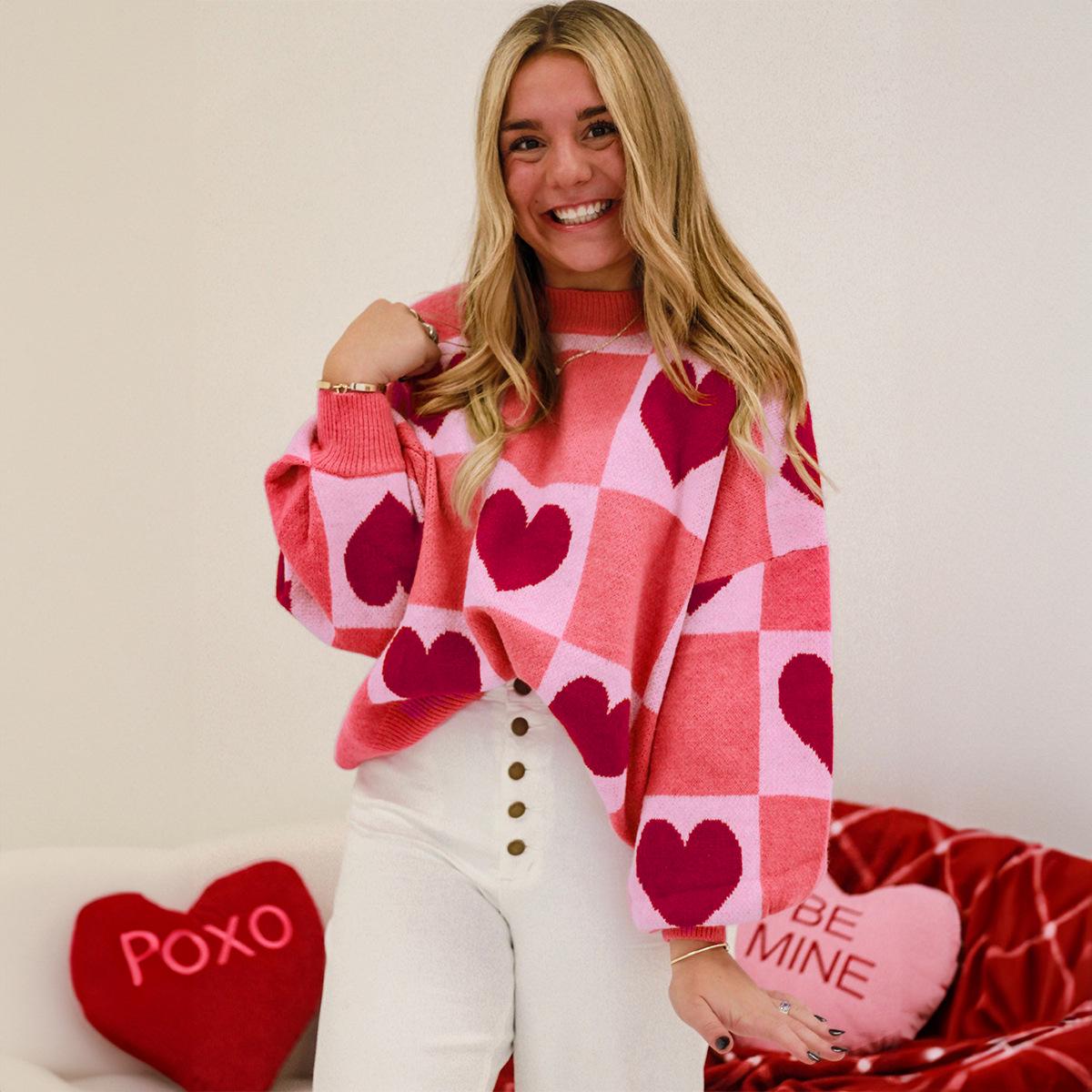 

Shiying Plus Size Heart Sweater - Valentine s Day Pullover Knitwear 4XL розовый