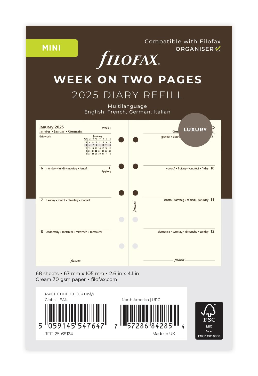 

Сменный блок для органайзера Filofax, 2025, начало с января, мини-недельный, кремовый хлопок, 25-68124, официально импортированный
