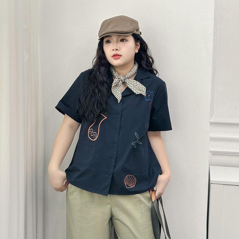 

Plus size women clothing [Fun Cartoon Shirts] Print Loose Short sleeve Shirt Summer Chubby Girl Temperament Casual Top Dark Blue 7xl([Recommended 112.50 kg-125.00 kg]])