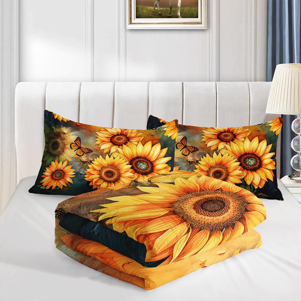 3PC Sunflower & Butterfly Comforter Set Floral Botanical Bedding Duvet Cover with 2 Pillowcases for Bedroom