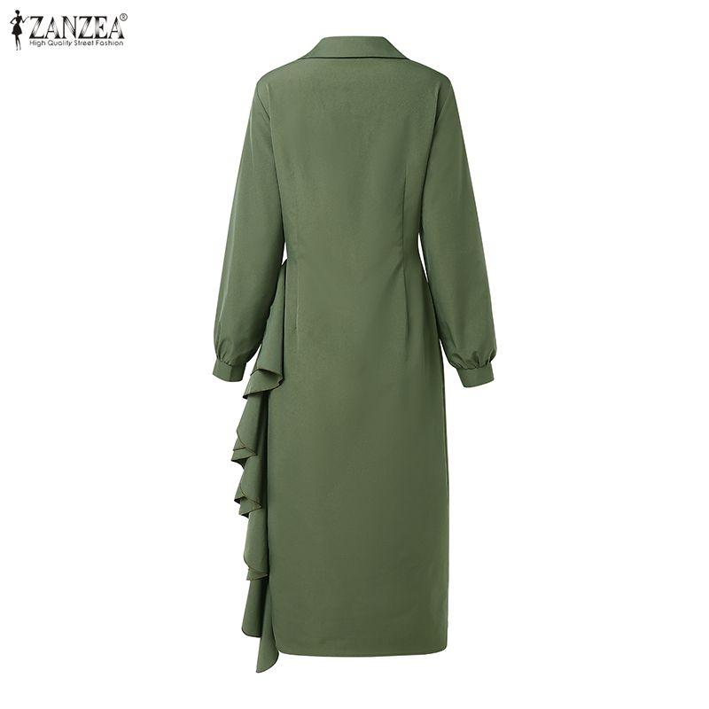 Down Casual Turn Women Zanzea Collar Long Sleeve Ruffles Dress