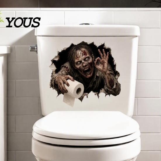 Graphic Wall Stickers for Refrigerator Spooky Crack Ghost Toilet Tank Lid Sticker, Halloween Horror 3D Broken Zombie Waterproof PVC