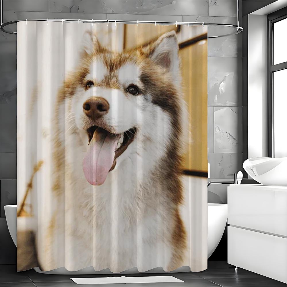 Husky Dog Shower Curtain Realistic Pet Print Bathroom Decor Cute Animal Design Waterproof Fabric Home Bath Accessory 90x180CM