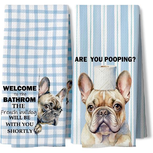 Funny French Bulldog Gifts Bathroom Hand Towels 16x24 Inches, Frenchie Bathroom Decor, Blue Preppy Plaid Striped Frenchie Decorative Hand Tea Towels Blue and White1-set of 2