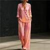 European and American Summer New Blue and White Tie-dye Gradual Change Diagonal Shirt Wide-leg Pants Two-piece Set Women's Casual Long-sleeved Suit