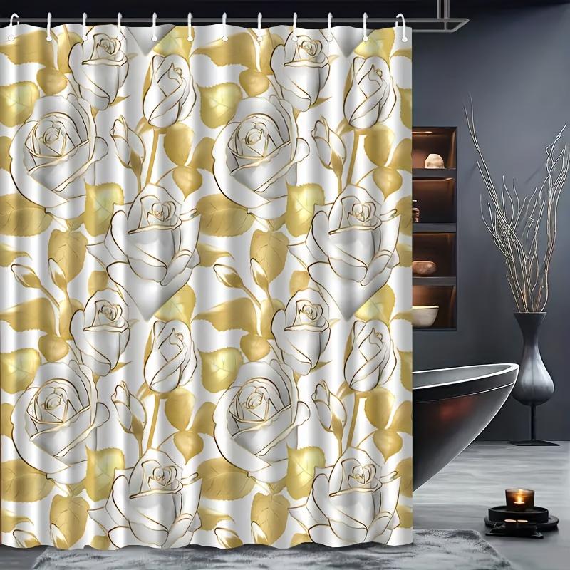 Luxury Gold & White Rose Shower Curtain 72x72 Polyester Washable – Elegant Floral Print with 12 Hooks