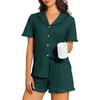 Women's Two Piece Pajama Set Short Sleeve Button Front Top with Ruffle Collar and Matching Shorts with Ruffle Hem Soft Comfortable Lounge Sleepwear