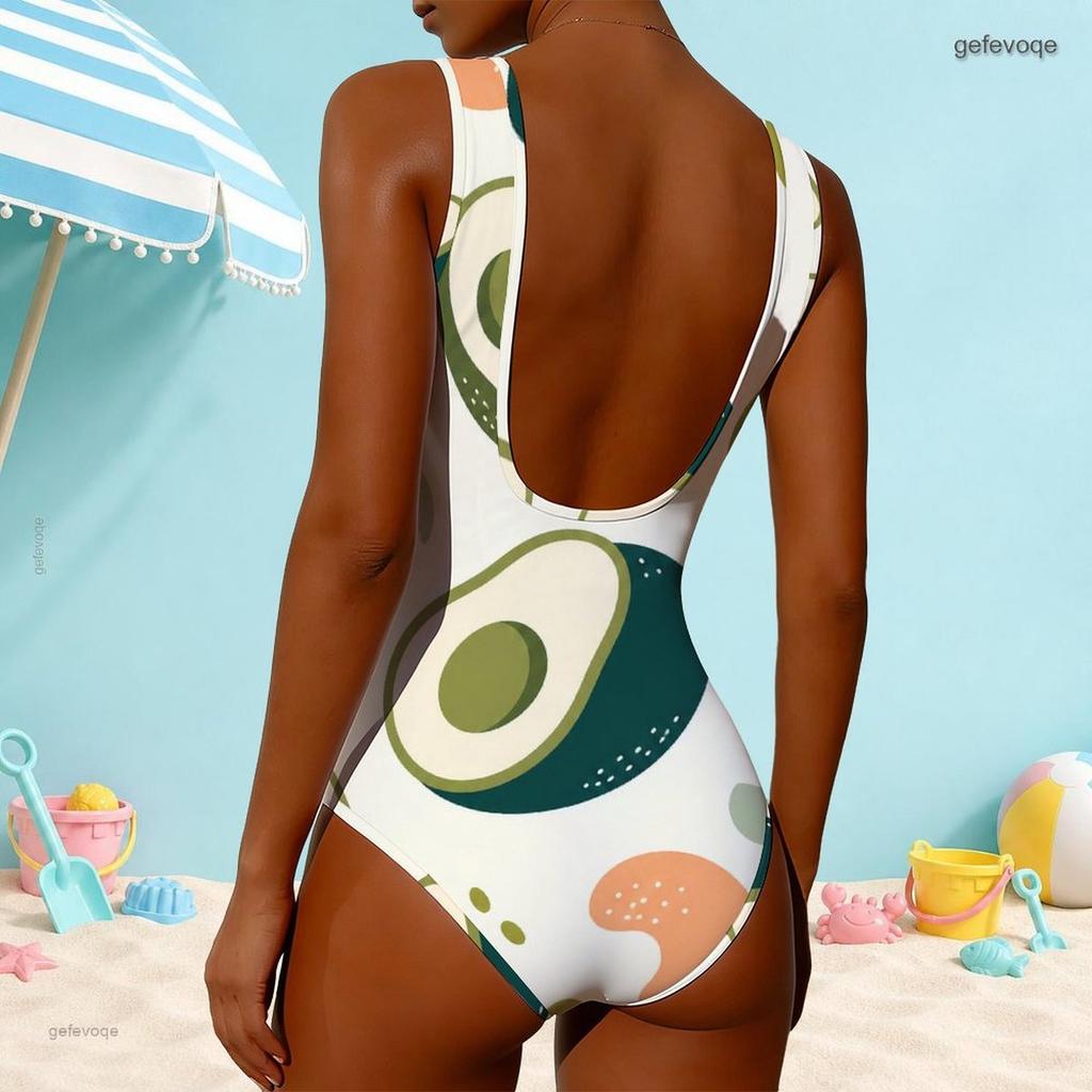 Women Plus Size High Round Neck Sleeveless Abstract Fruit Printed One Piece Swimsuit