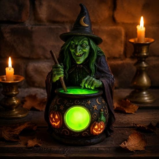 Artesanías de Resina Hechas a Mano Lámpara Caldero de Bruja de Halloween, Adorno de Estatua, Accesorios de Habitación Artísticos Decorativos Espeluznantes Luz para Escritorio Mesa