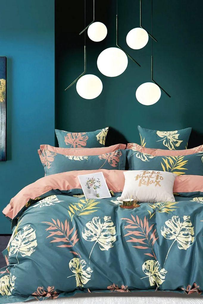 

Lastikli Çarşaflı Nevresim Takımı Çift Kişilik Leaf Petrol