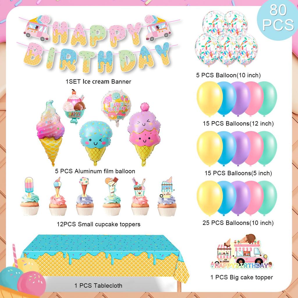 80pcs Ice Cream Birthday Party Decorations, Pastel Ice Cream Balloon Cake Toppers Banner Etc