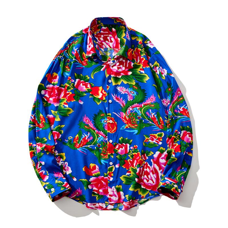 

2026 Spring Men Shirt Men Fashion Northeast Big Flower Pattern Shirts Men s Top Spring Autumn Male Leisure Hip Hop Shirts M синій