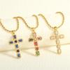 European and American Style Hip-hop Micro Inlaid Color Zirconium Cross Necklace for Women's Fashion Trend Electroplated Collarbone Chain Jewelry