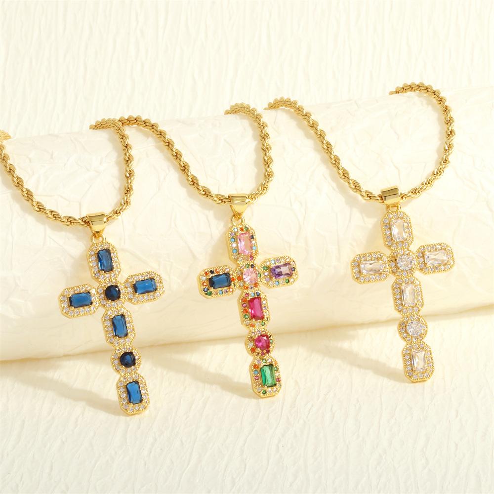 European and American Style Hip-hop Micro Inlaid Color Zirconium Cross Necklace for Women's Fashion Trend Electroplated Collarbone Chain Jewelry