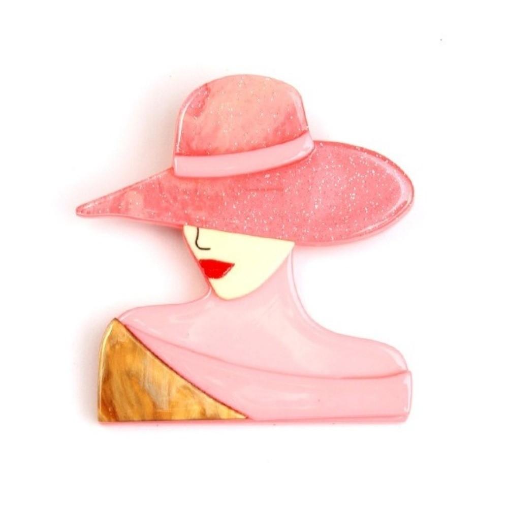 Cartoon Lady with Hat Brooch Acrylic Modern Girls Badge Women Portrait Pin  Clothing Accessories