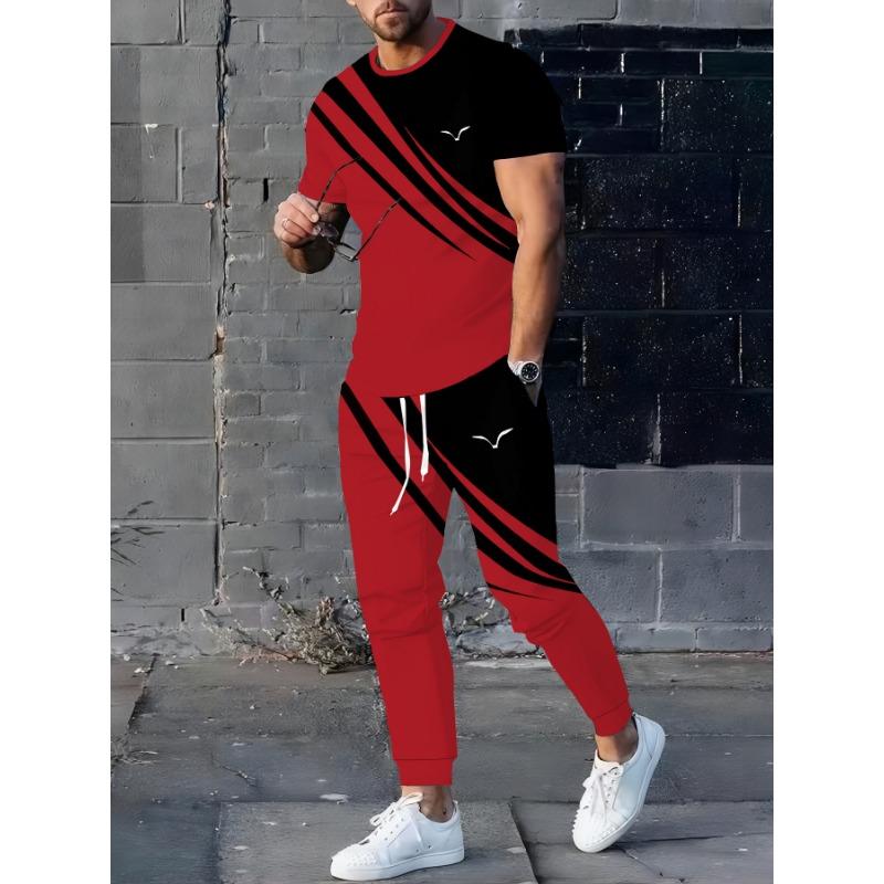 Men's 3D Printed Fashionable Blue-striped T-shirt Pants Set | Round-neck Short-sleeved T-shirt and Elastic-waist Loose Pants