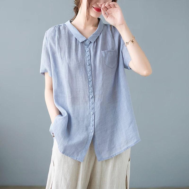 

Женская одежда Корейский стиль Шифоновая рубашка Короткий рукав Свободный крой Винтажный принт Летняя V-образный вырез Модная Новинка XL синий