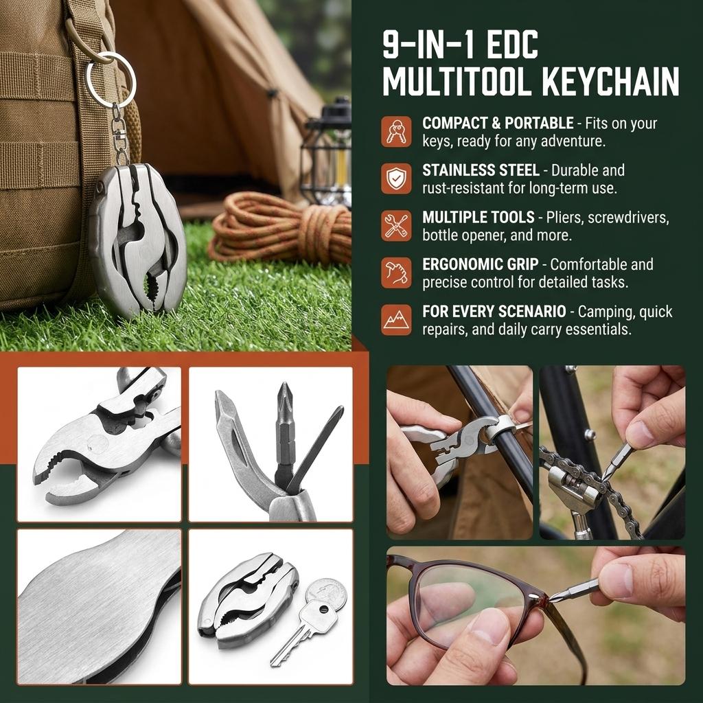 9 In 1 Stainless Steel Mini EDC Keychain Multitool Pliers For Outdoor Camping And Everyday Use