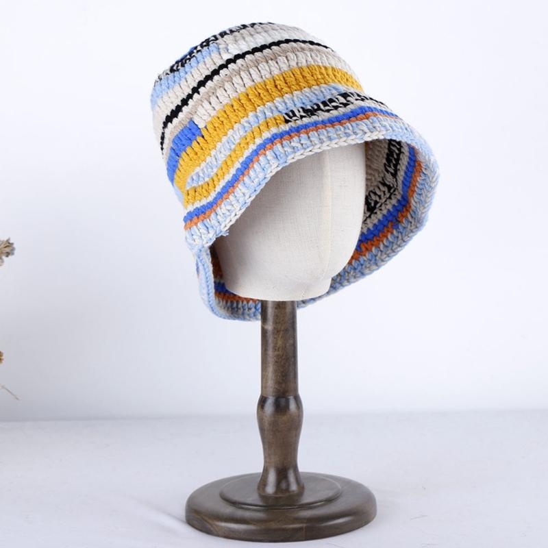 Popular Female Hat Knitting Bucket Hat Handmade Crochet Rainbow Fisherman Hat Women Girl Photo Beanie Warm Striped Cap