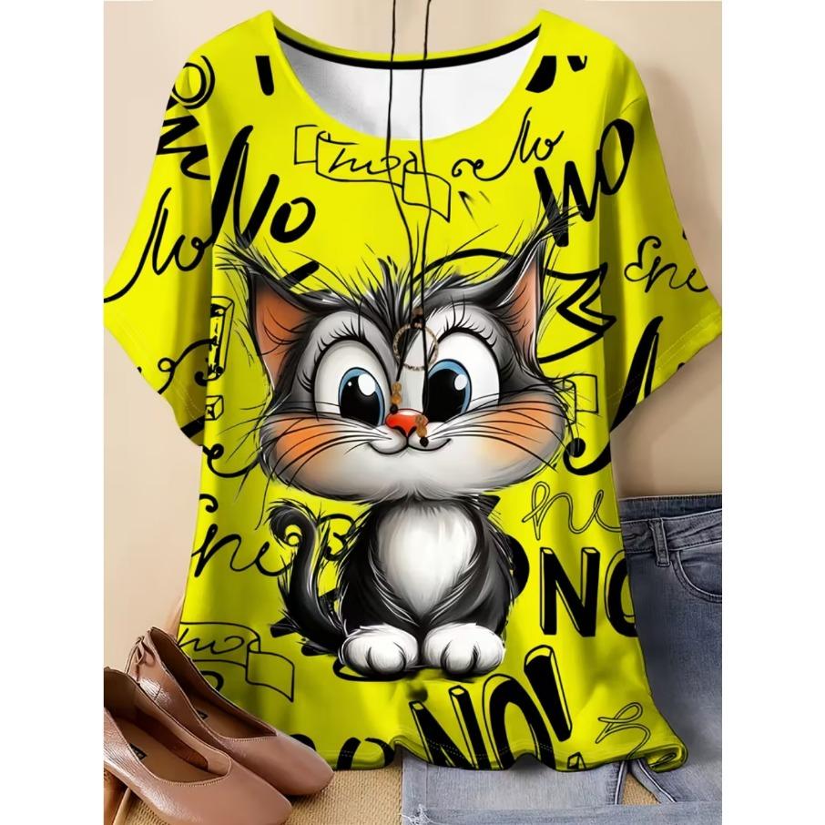 XL-7XL Plus Size Women's Men Cartoon Cat Casual 3D Print Loose V Neck Short Sleeved T-shirt Top