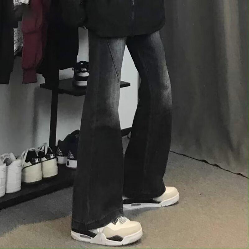 Black and gray gradual change jeans men's American high street vibe pants gear version straight tooling slim-fitting pants