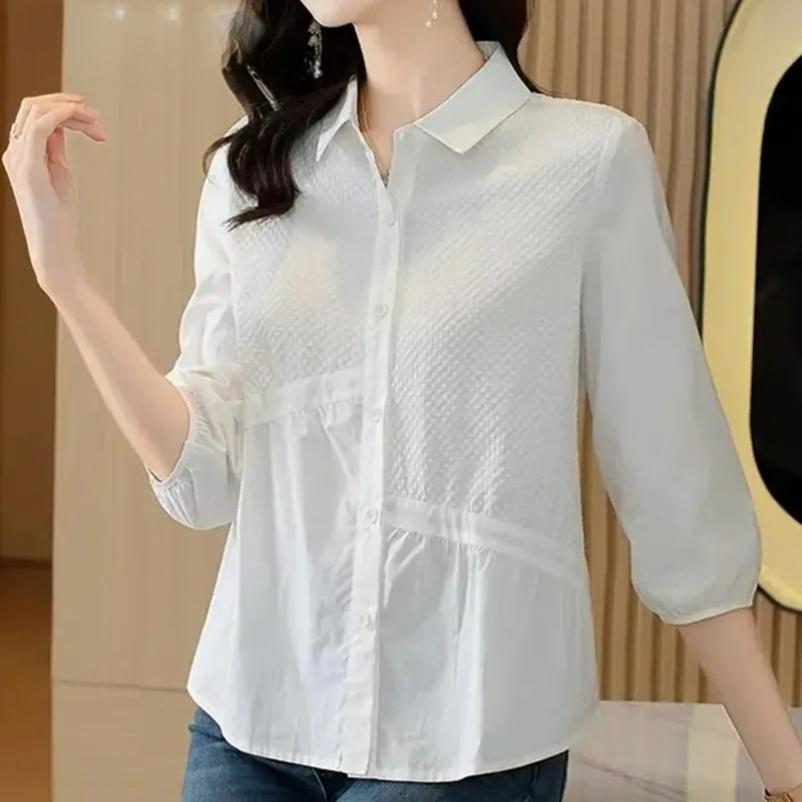 Популярная рубашка летняя женская базовая рубашка свободная закрывающая живот рукава три четверти мама стройная S белый