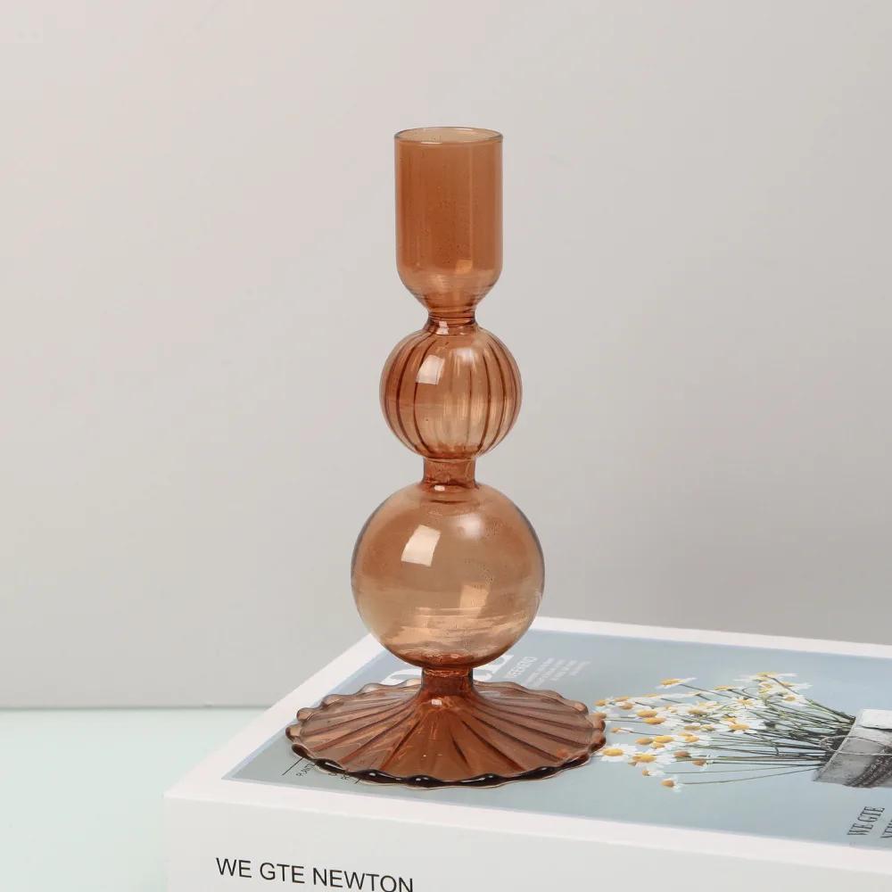 Nordic Style Striped Colored Glass Candle Holder Home Decor Romantic Candlesticks Dinner Table Centerpiece Holder Decoration