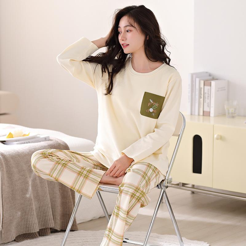 Pajamas Women'S Pure Cotton Long-Sleeved Trousers Can Be Worn Outside With Chest Pads Loungewear Suit Women