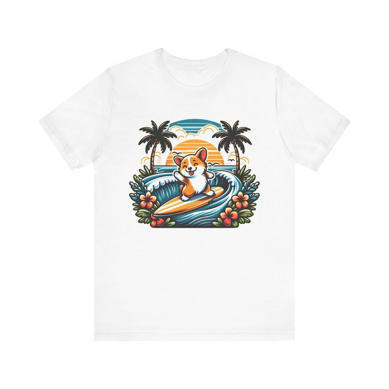Kawaii Surfing Corgi Cute Beach Dog Tropical Ocean Art T-Shirt 2XL